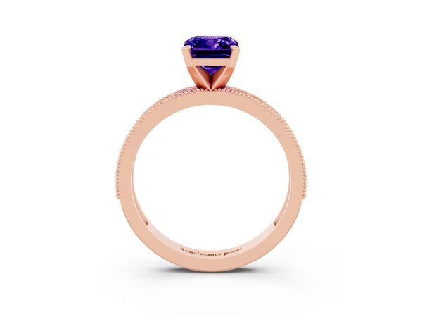 Rose gold Emerald Cut Tanzanite Milgrain Pavé Engagement Ring with Four-Prong Setting