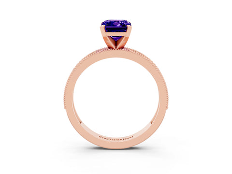 Rose gold Emerald Cut Tanzanite Milgrain Pavé Engagement Ring with Four-Prong Setting_15