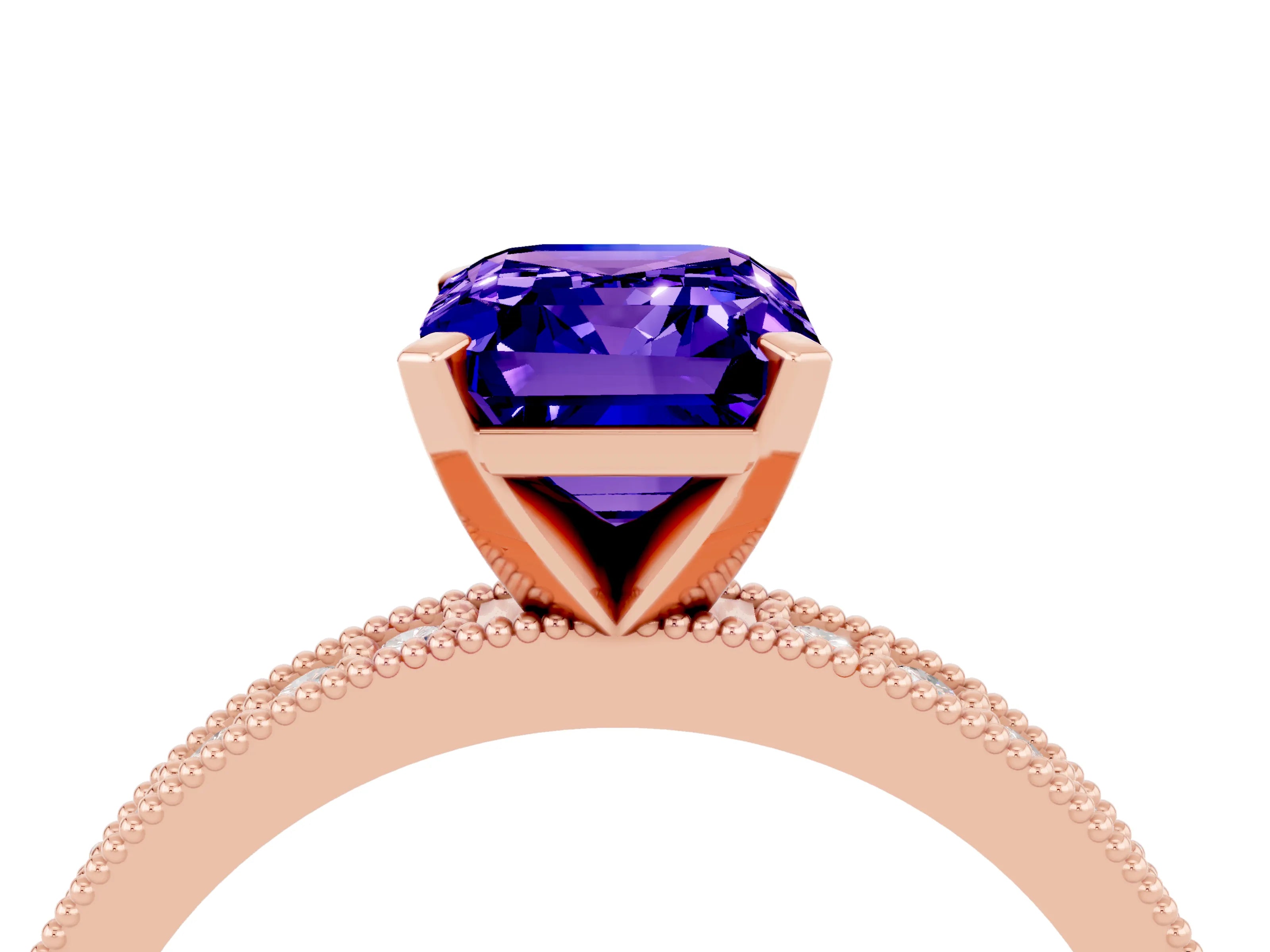Rose gold Emerald Cut Tanzanite Milgrain Pavé Engagement Ring with Four-Prong Setting_16