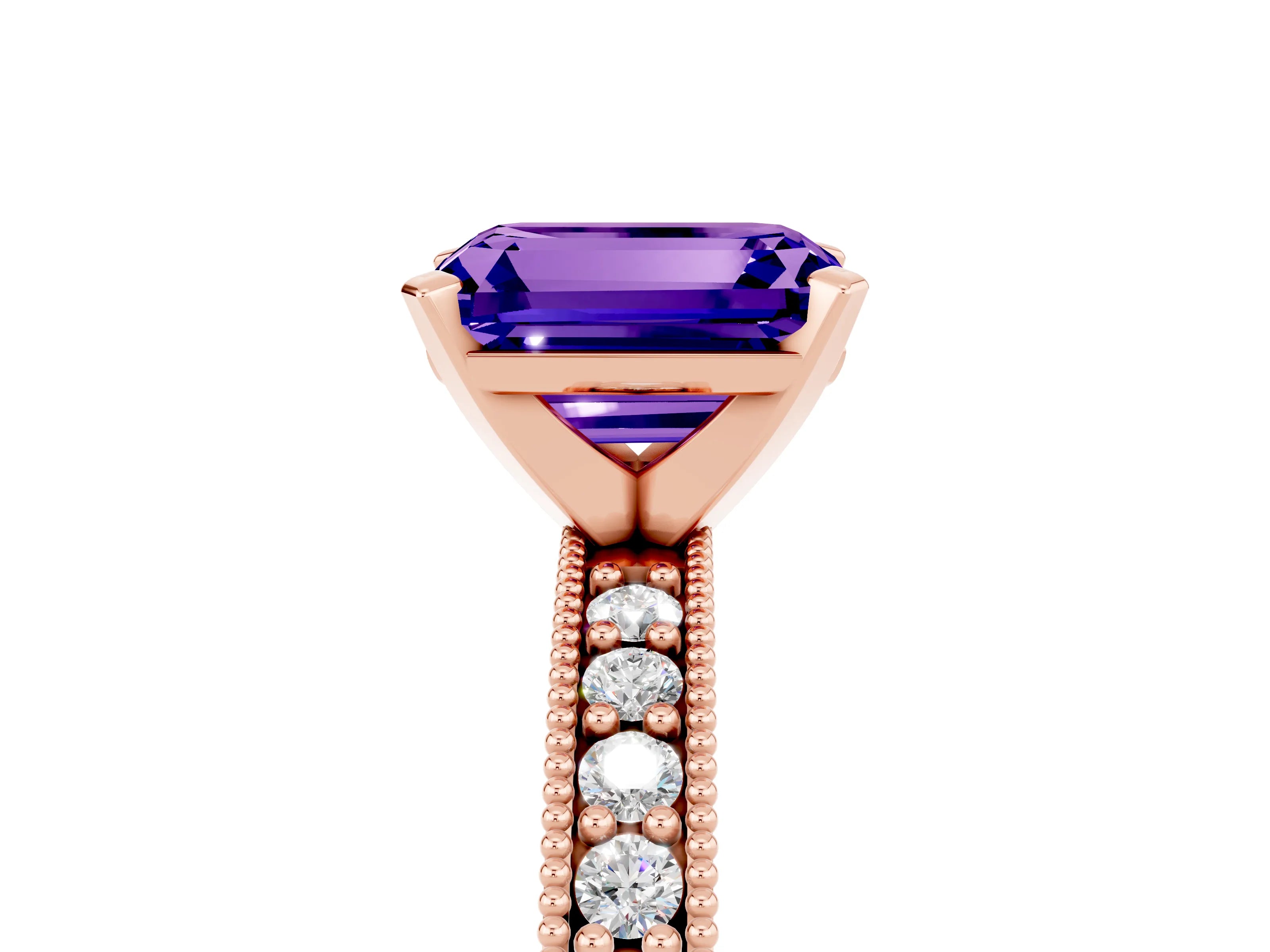 Rose gold Emerald Cut Tanzanite Milgrain Pavé Engagement Ring with Four-Prong Setting_17