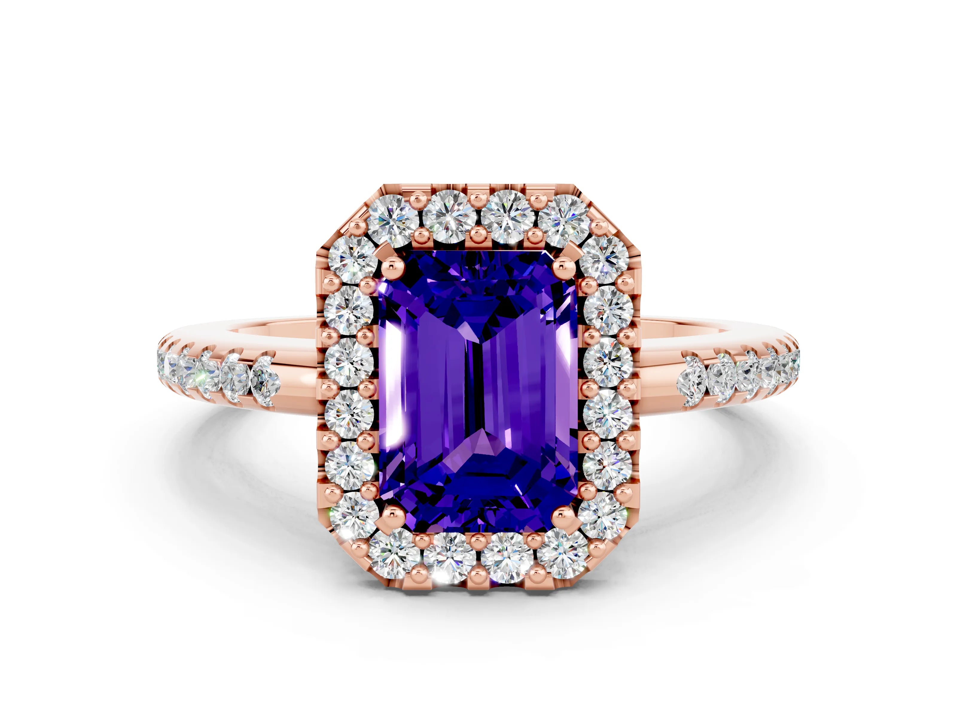 Rose gold Emerald Cut Tanzanite Pavé Halo Ring with Four-Prong Setting_12