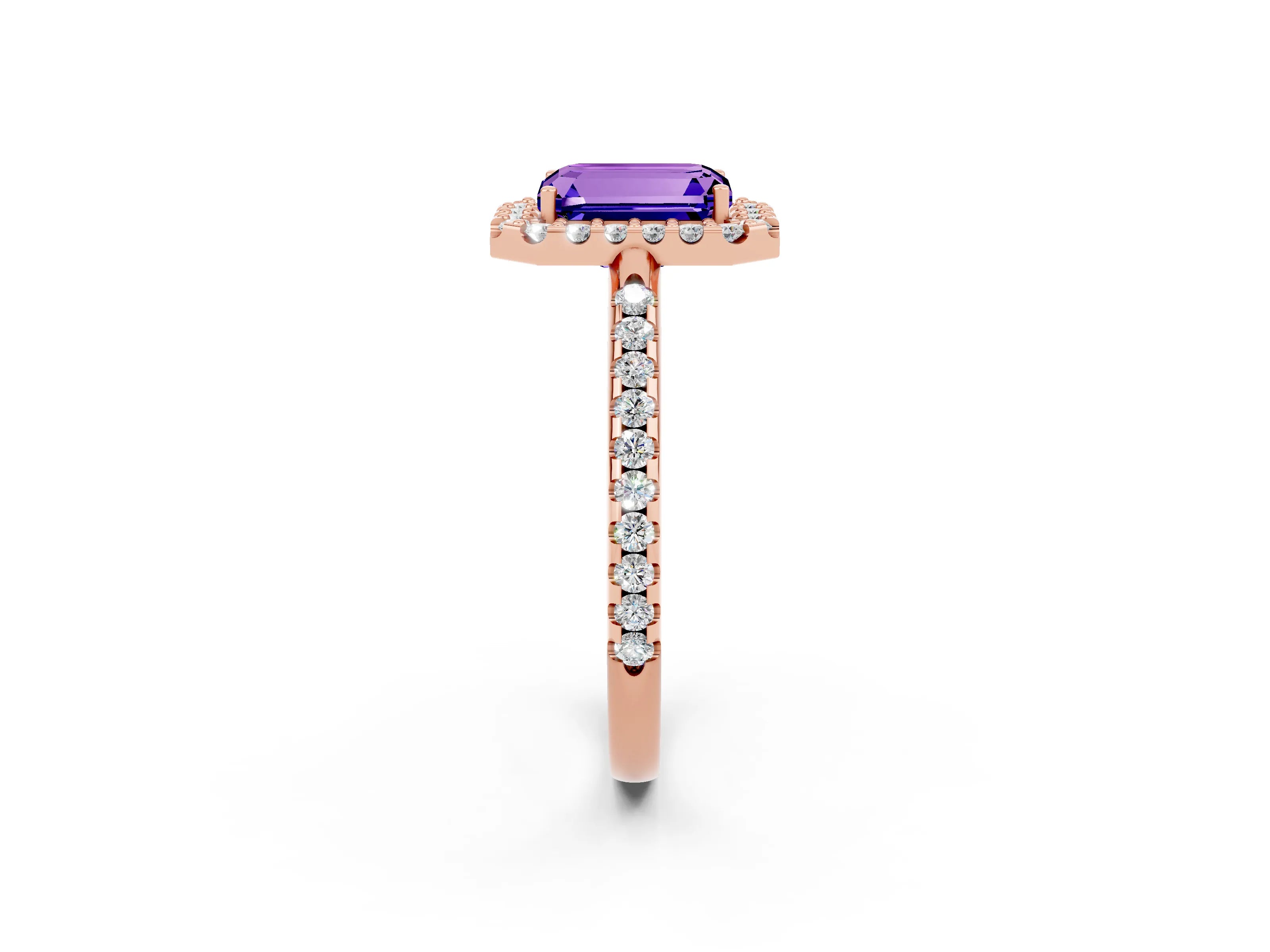 Rose gold Emerald Cut Tanzanite Pavé Halo Ring with Four-Prong Setting_14