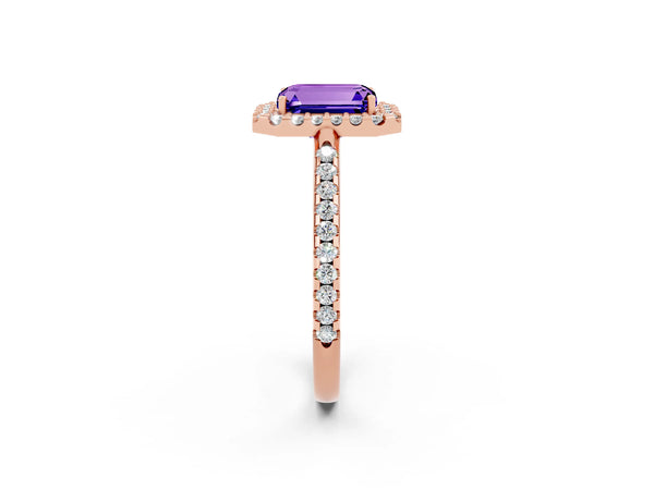 Rose gold Emerald Cut Tanzanite Pavé Halo Ring with Four-Prong Setting
