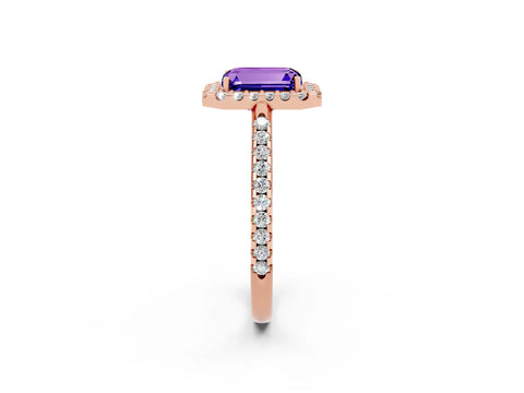 Rose gold Emerald Cut Tanzanite Pavé Halo Ring with Four-Prong Setting_14