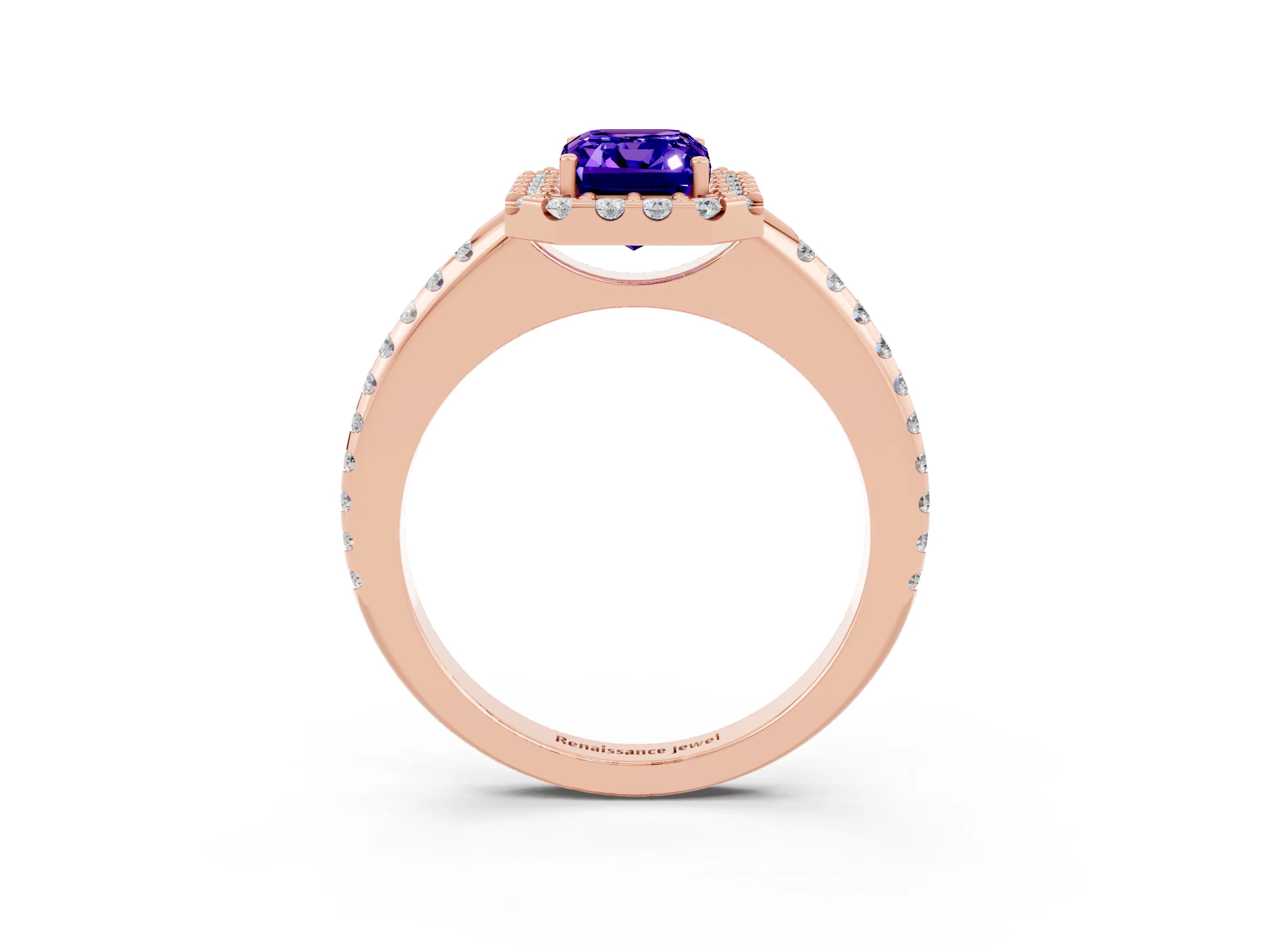 Rose gold Emerald Cut Tanzanite Pavé Halo Ring with Four-Prong Setting_15