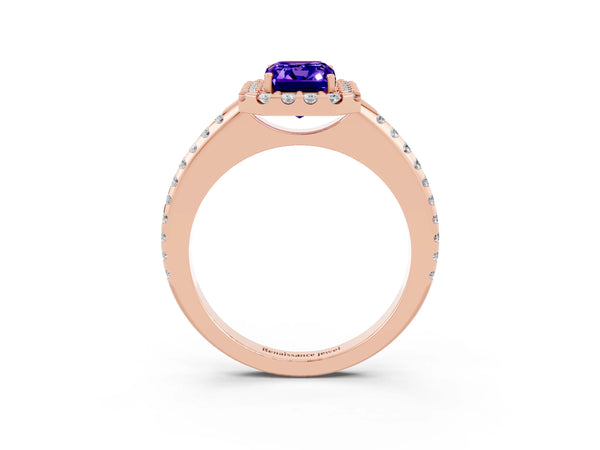 Rose gold Emerald Cut Tanzanite Pavé Halo Ring with Four-Prong Setting