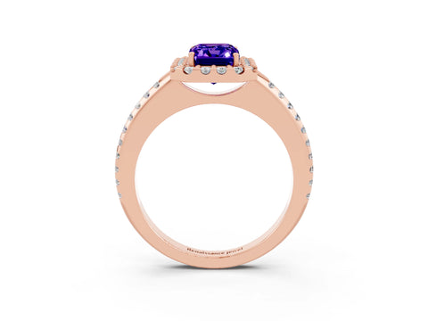 Rose gold Emerald Cut Tanzanite Pavé Halo Ring with Four-Prong Setting_15