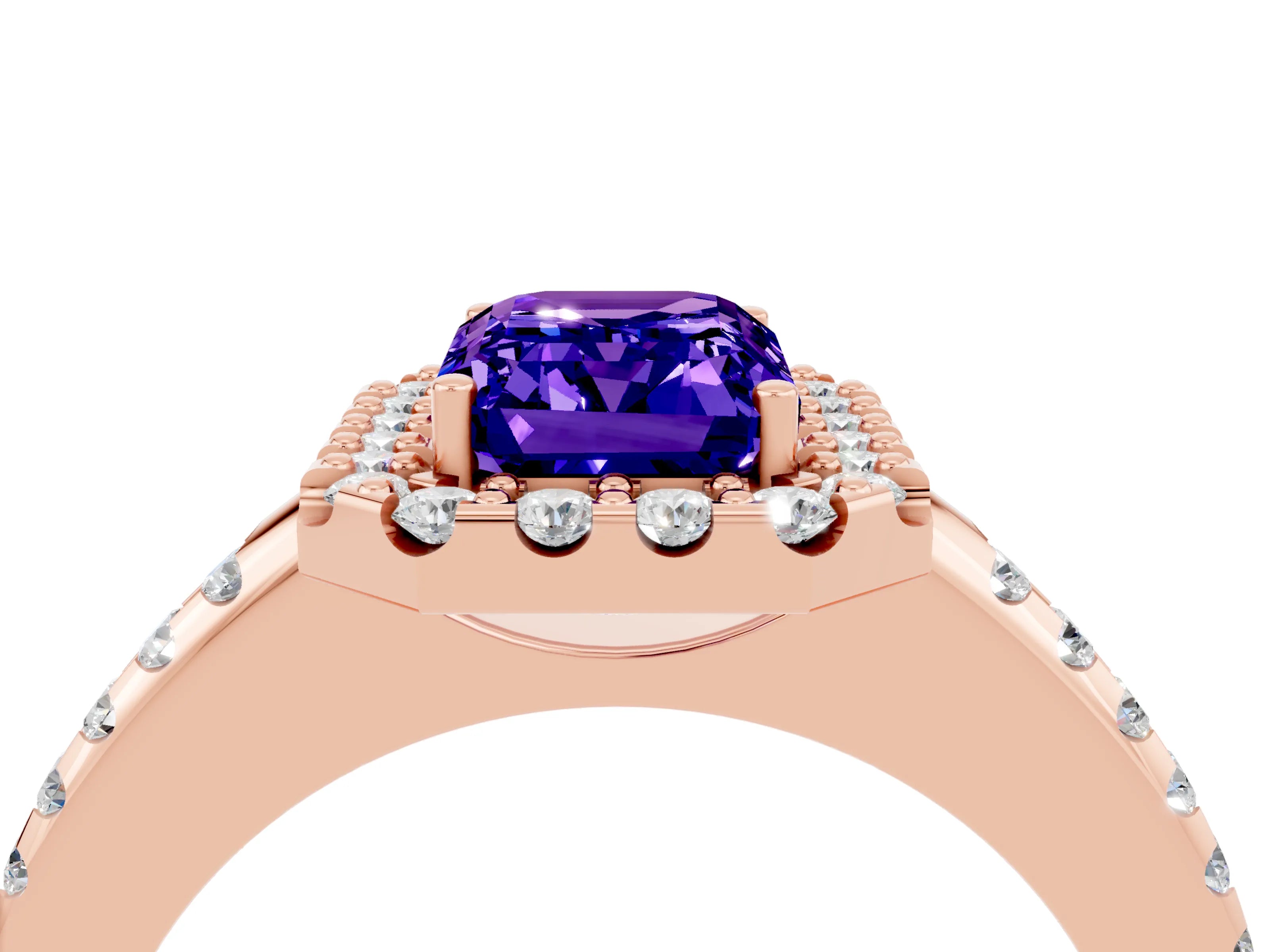 Rose gold Emerald Cut Tanzanite Pavé Halo Ring with Four-Prong Setting_16