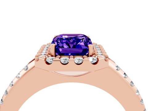 Rose gold Emerald Cut Tanzanite Pavé Halo Ring with Four-Prong Setting_16