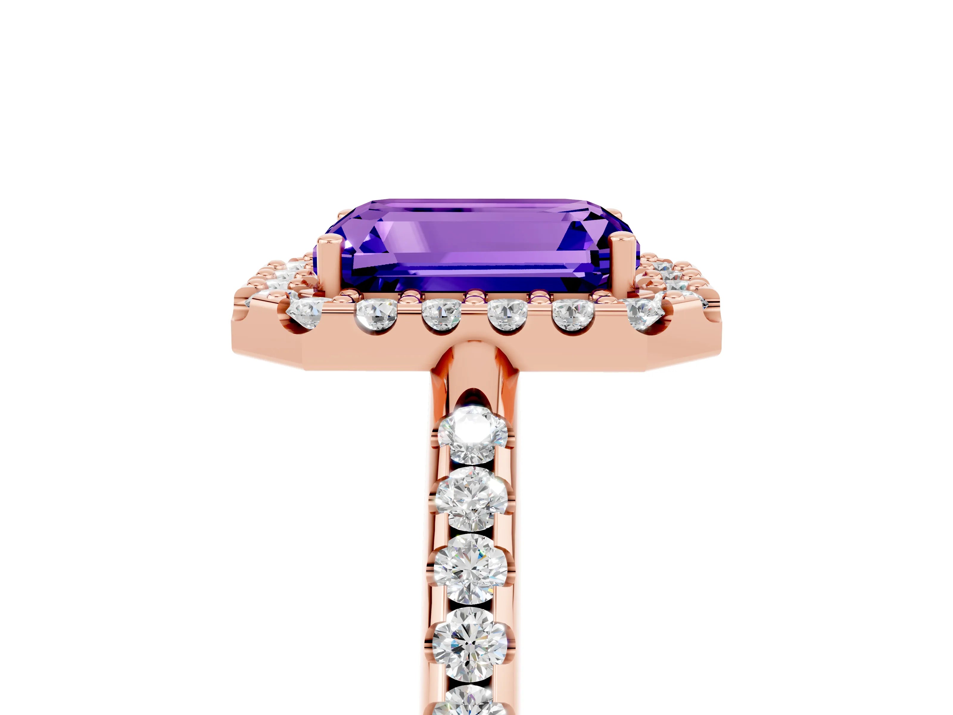 Rose gold Emerald Cut Tanzanite Pavé Halo Ring with Four-Prong Setting_17