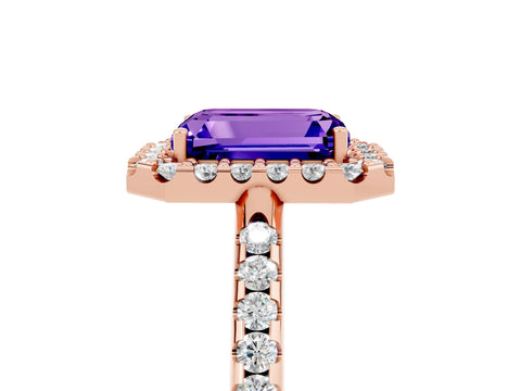 Rose gold Emerald Cut Tanzanite Pavé Halo Ring with Four-Prong Setting_17