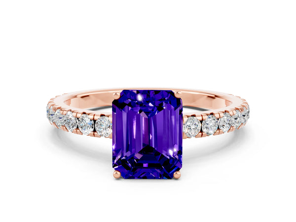 Rose gold Emerald Cut Tanzanite Pavé Solitaire Engagement Ring with Four-Prong Setting
