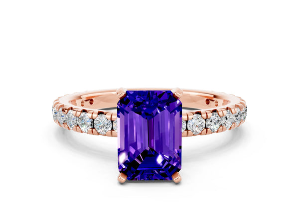 Rose gold Emerald Cut Tanzanite Pavé Solitaire Ring with Round Band and Prong Setting