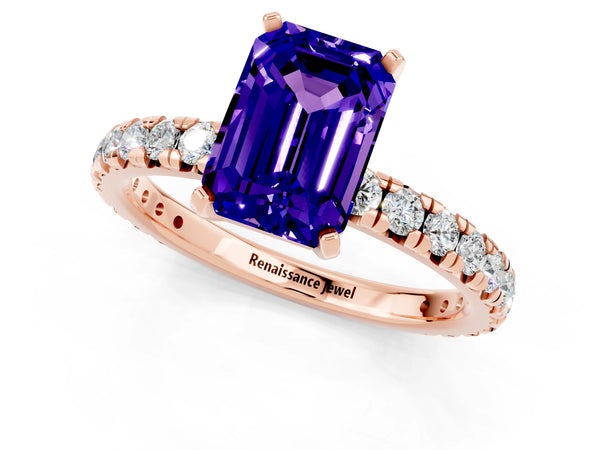 Rose gold Emerald Cut Tanzanite Pavé Solitaire Ring with Round Band and Prong Setting