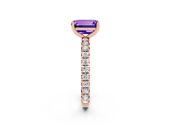 Rose gold Emerald Cut Tanzanite Pavé Solitaire Ring with Round Band and Prong Setting