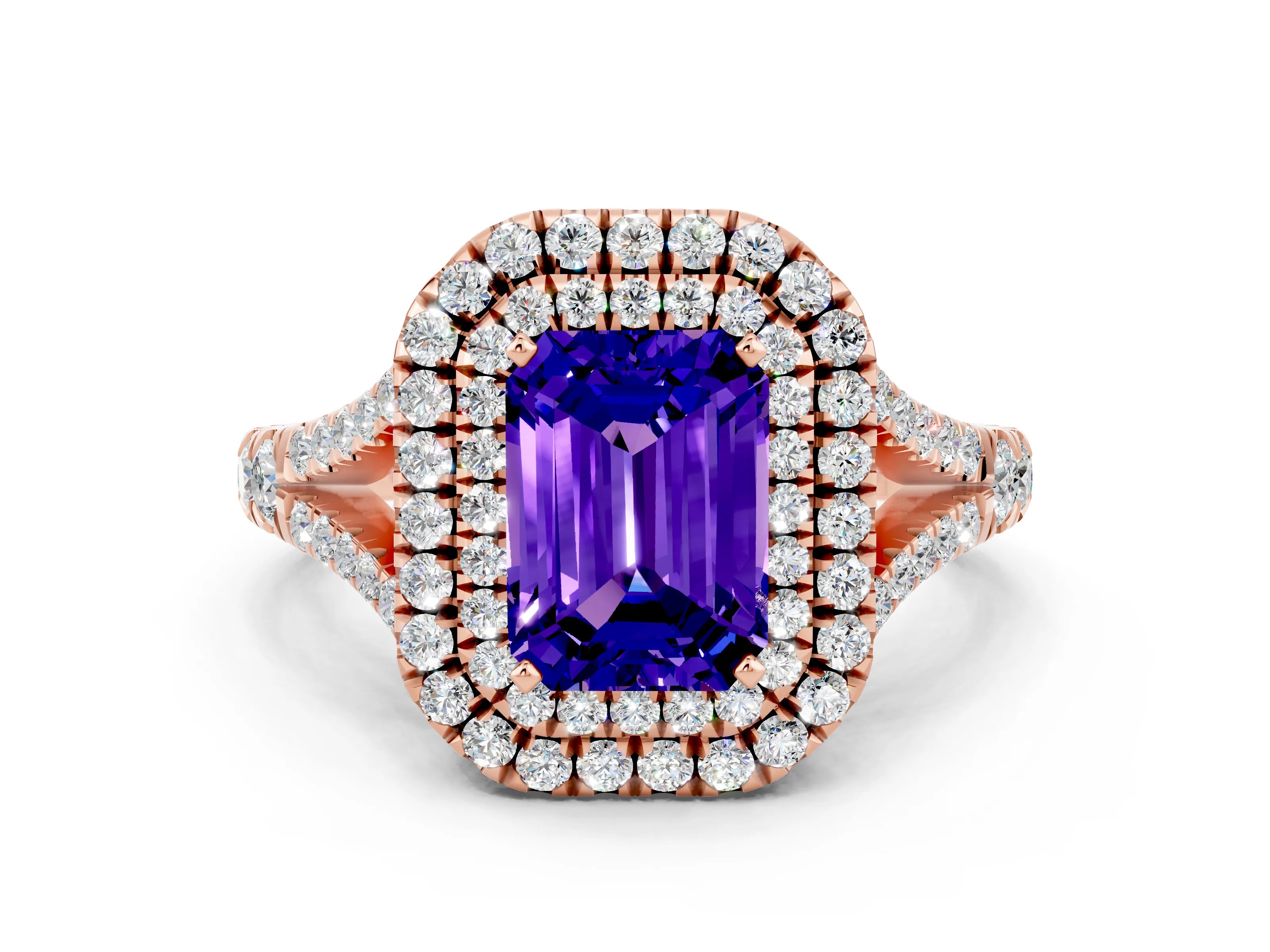 Rose gold Emerald Cut Tanzanite Pavé Split Shank Double Halo Engagement Ring