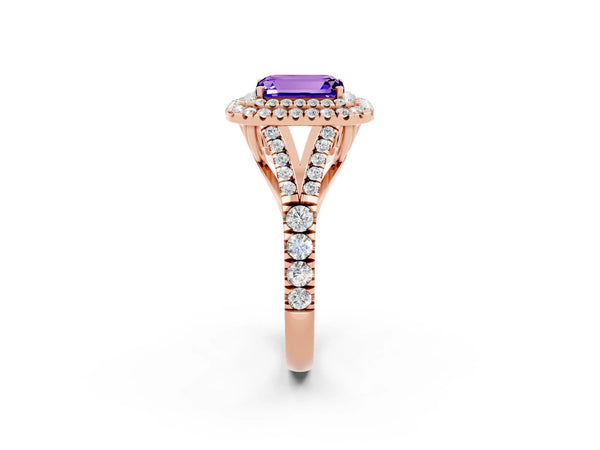 Rose gold Emerald Cut Tanzanite Pavé Split Shank Double Halo Engagement Ring