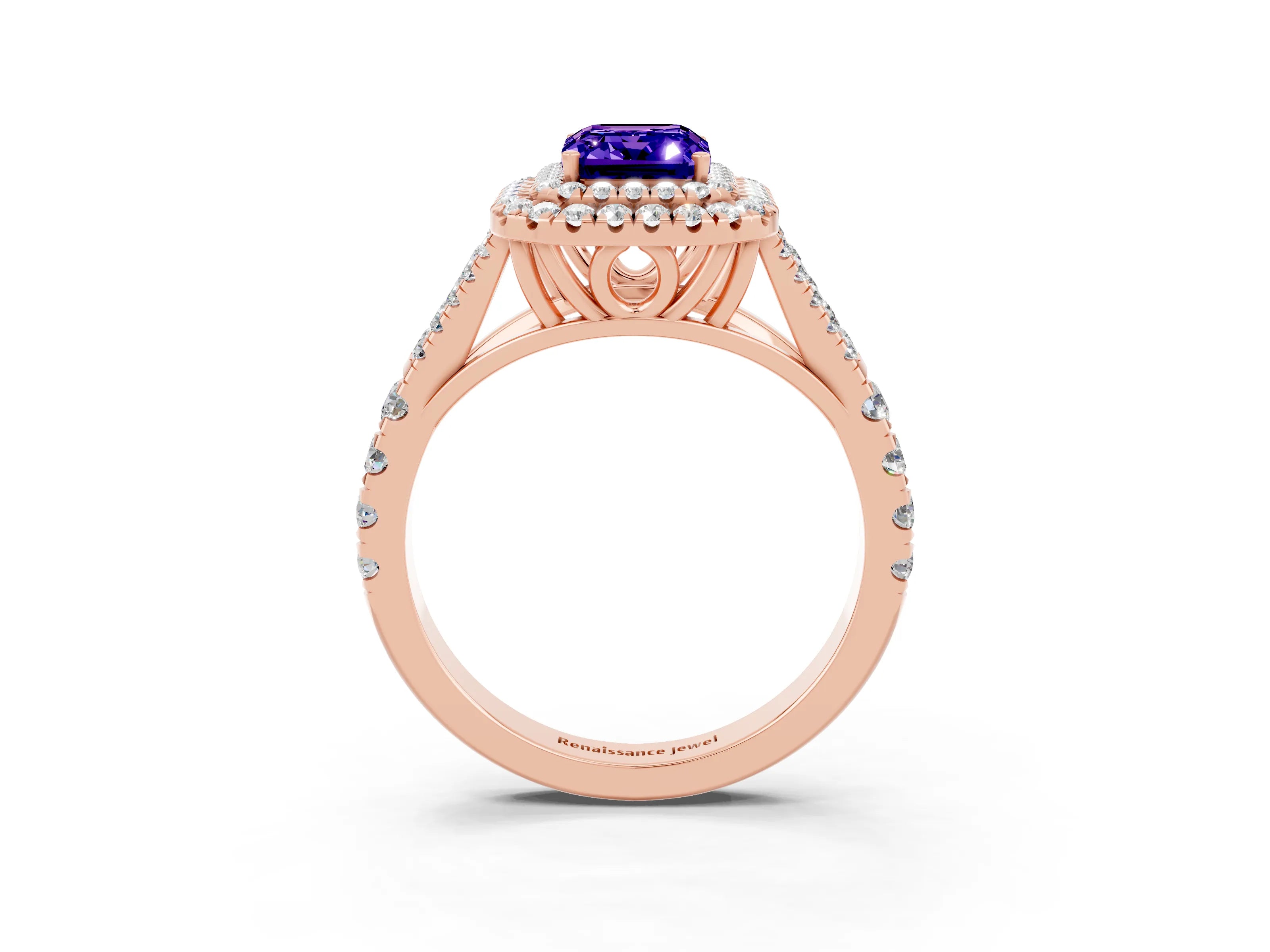 Rose gold Emerald Cut Tanzanite Pavé Split Shank Double Halo Engagement Ring_3