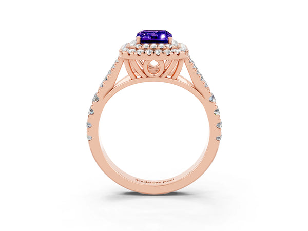 Rose gold Emerald Cut Tanzanite Pavé Split Shank Double Halo Engagement Ring