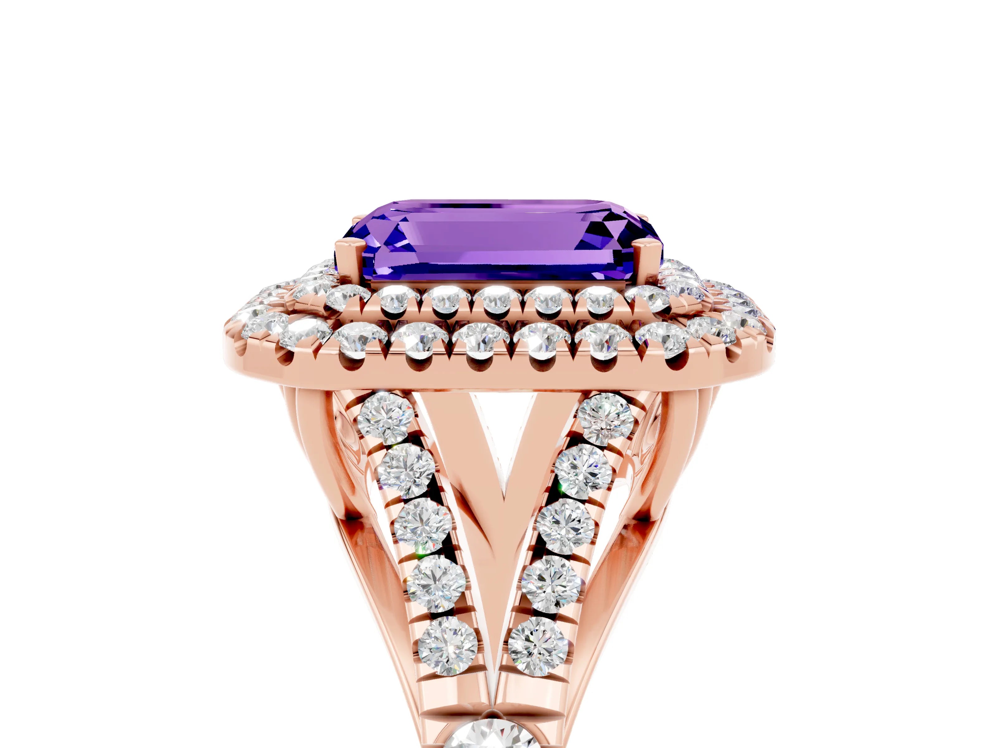 Rose gold Emerald Cut Tanzanite Pavé Split Shank Double Halo Engagement Ring_5