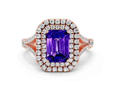 Rose gold Emerald Cut Tanzanite Pavé Split Shank Double Halo Engagement Ring