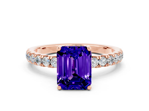 Rose gold Emerald Cut Tanzanite Pave Band Solitaire Ring with Round  and Prong Setting