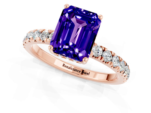 Rose gold Emerald Cut Tanzanite Pave Band Solitaire Ring with Round  and Prong Setting