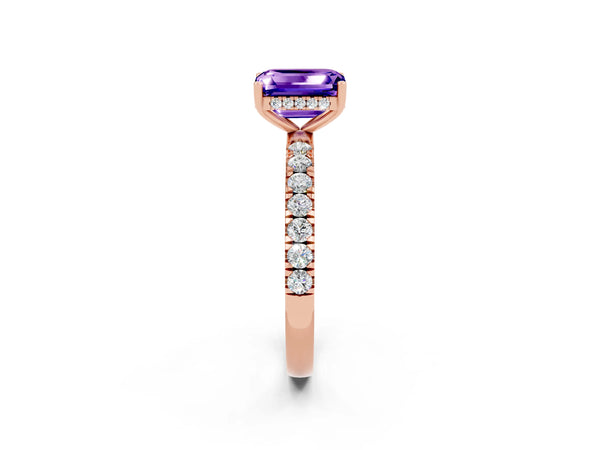 Rose gold Emerald Cut Tanzanite Pave Band Solitaire Ring with Round  and Prong Setting