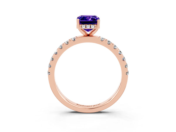 Rose gold Emerald Cut Tanzanite Pave Band Solitaire Ring with Round  and Prong Setting