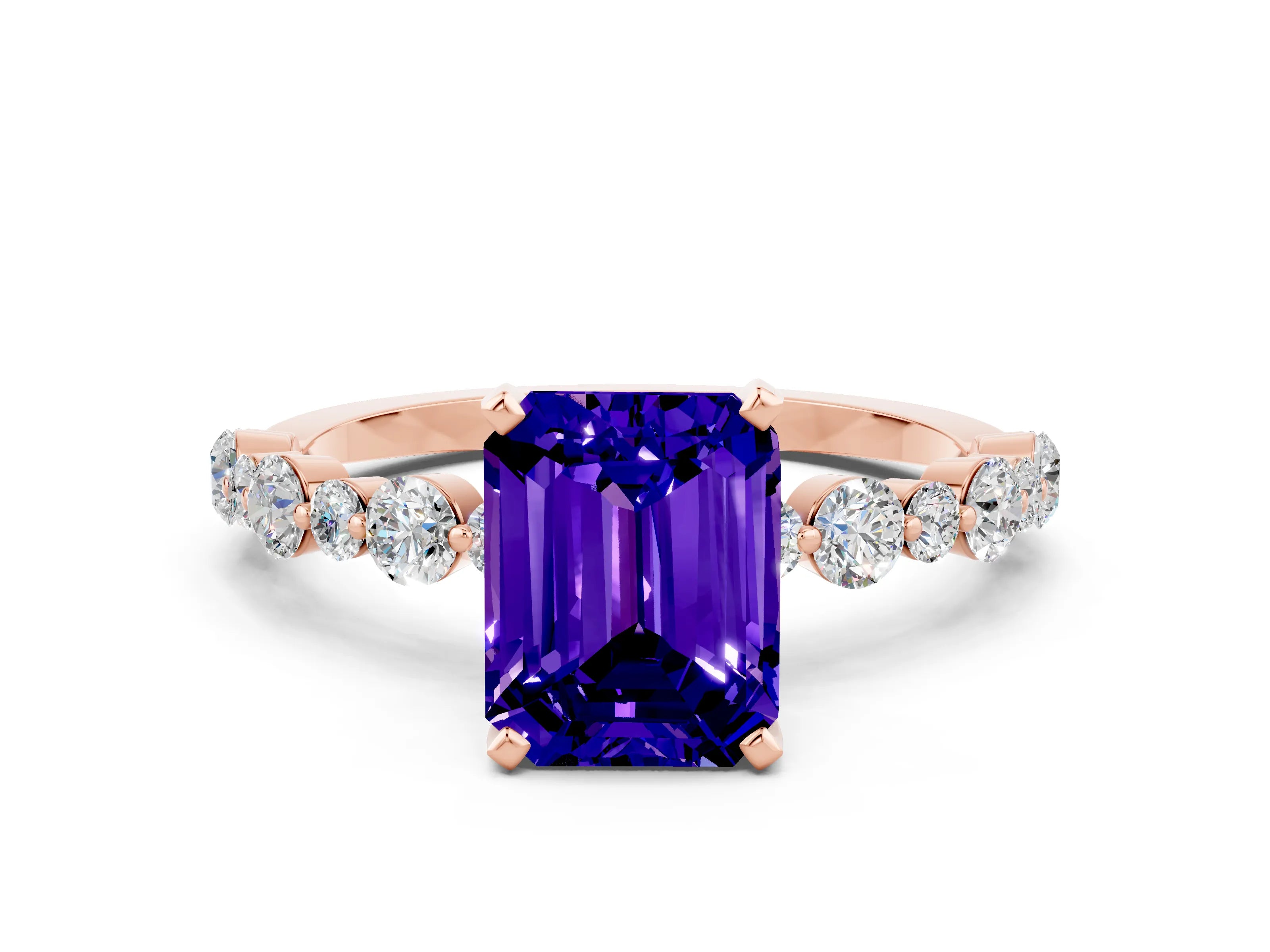 Rose gold Emerald Cut Tanzanite Prong Set Engagement Ring with Pavé Band