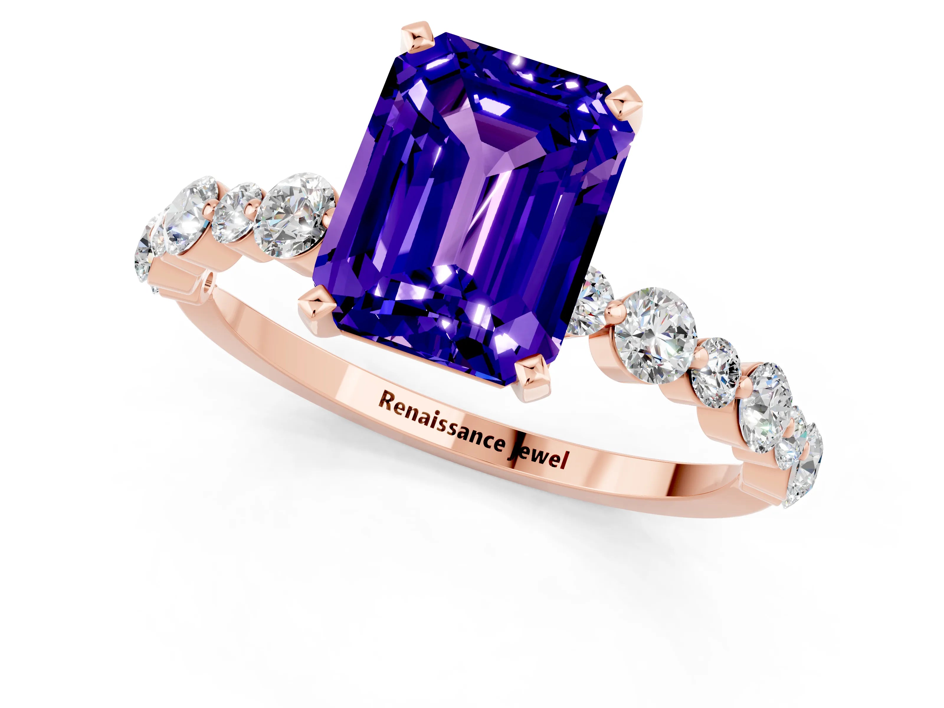 Rose gold Emerald Cut Tanzanite Prong Set Engagement Ring with Pavé Band_1