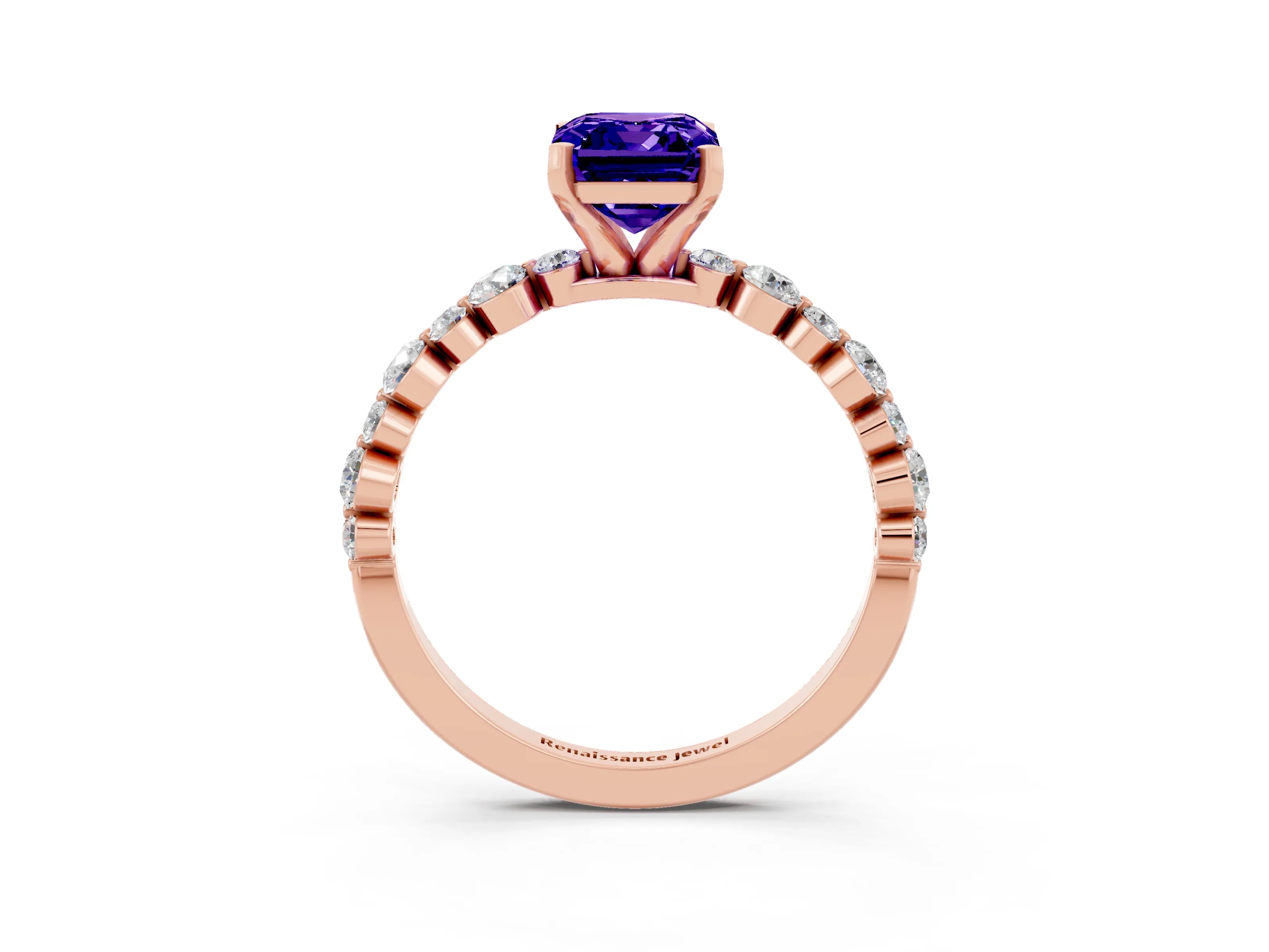 Rose gold Emerald Cut Tanzanite Prong Set Engagement Ring with Pavé Band_3