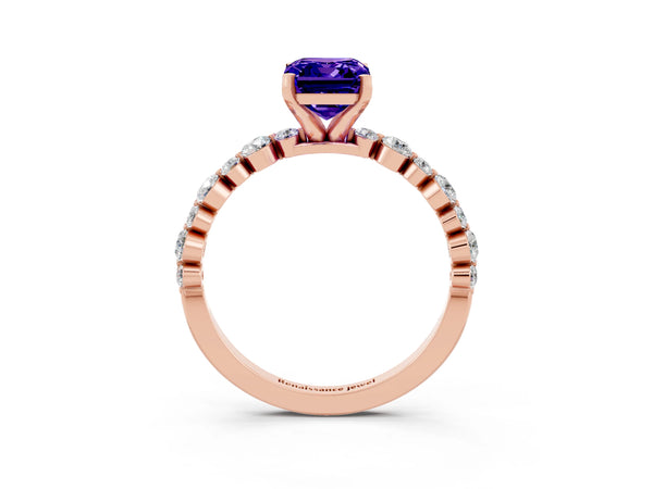 Rose gold Emerald Cut Tanzanite Prong Set Engagement Ring with Pavé Band