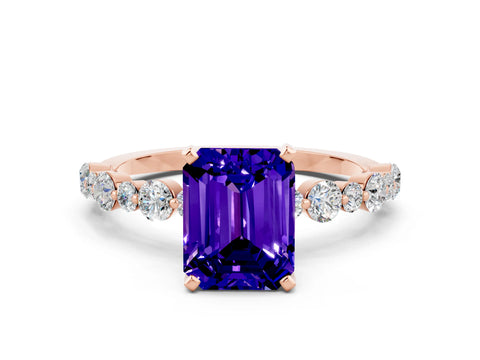 Rose gold Emerald Cut Tanzanite Prong Set Engagement Ring with Pavé Band