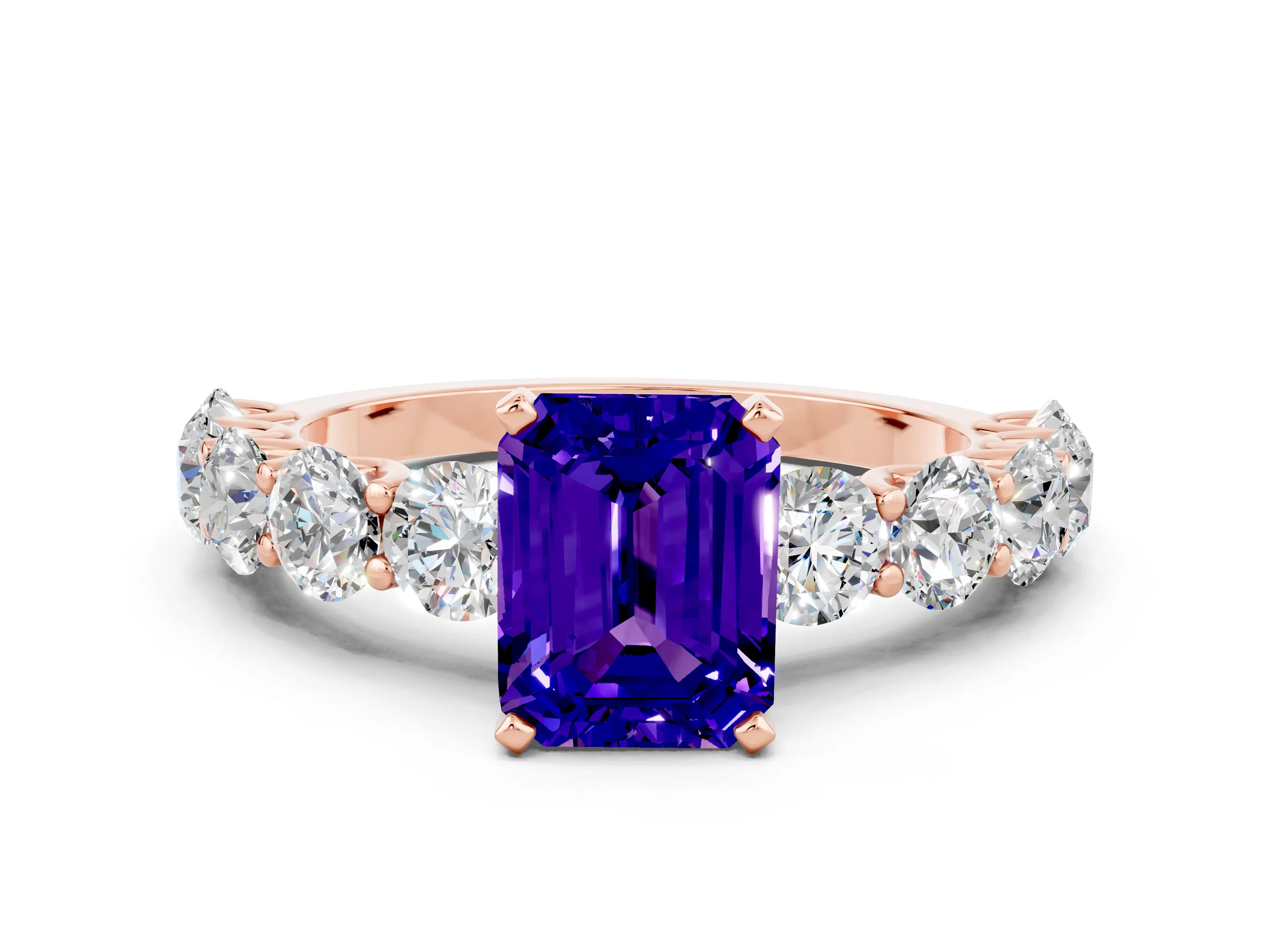Rose gold Emerald Cut Tanzanite Prong Setting with Side Stones on a Pave Band