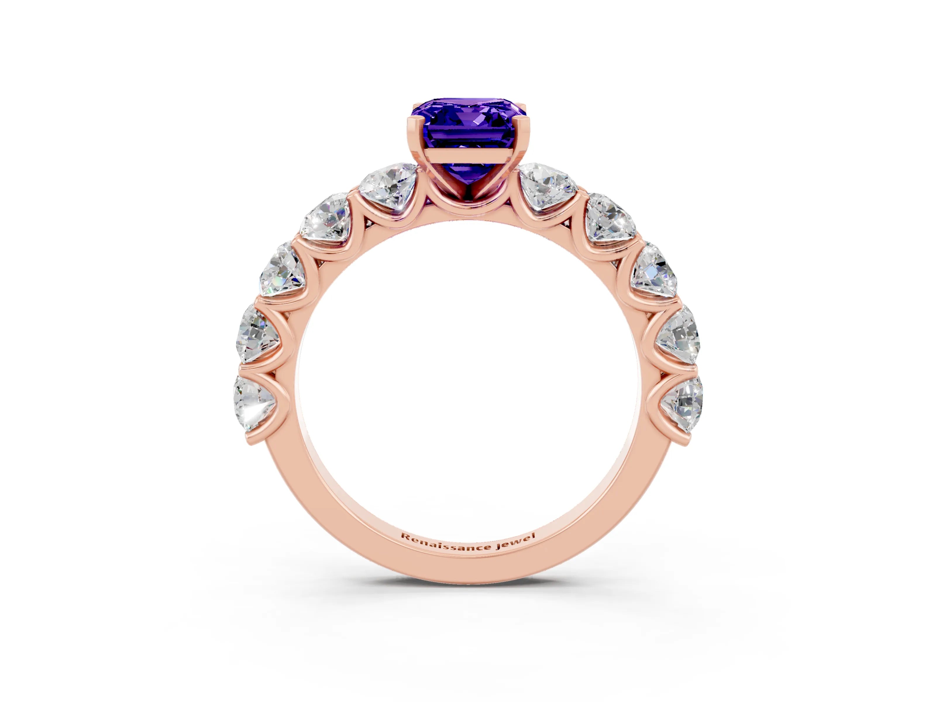 Rose gold Emerald Cut Tanzanite Prong Setting with Side Stones on a Pave Band_3