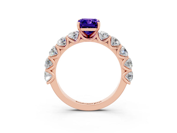 Rose gold Emerald Cut Tanzanite Prong Setting with Side Stones on a Pave Band