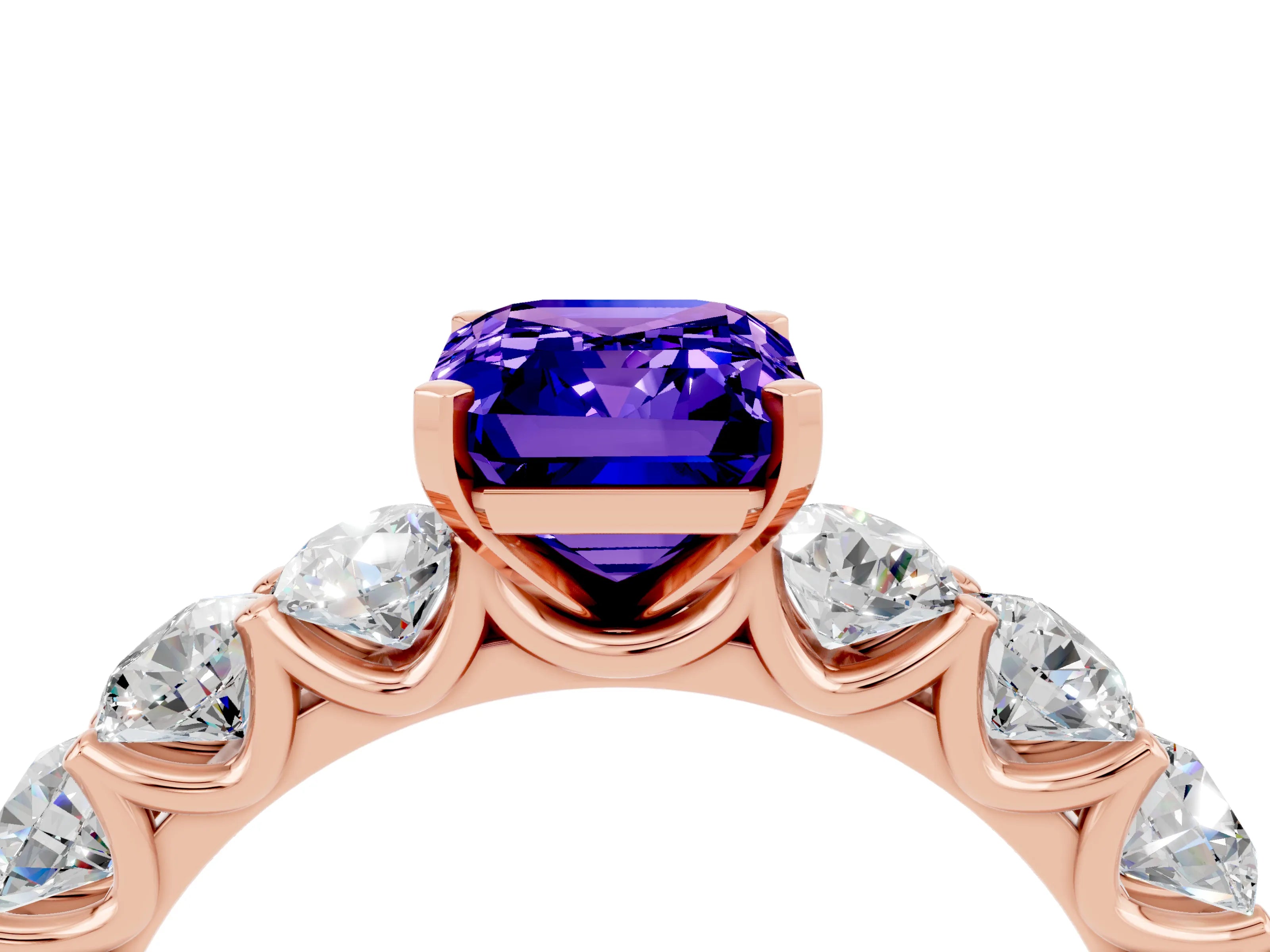 Rose gold Emerald Cut Tanzanite Prong Setting with Side Stones on a Pave Band_4