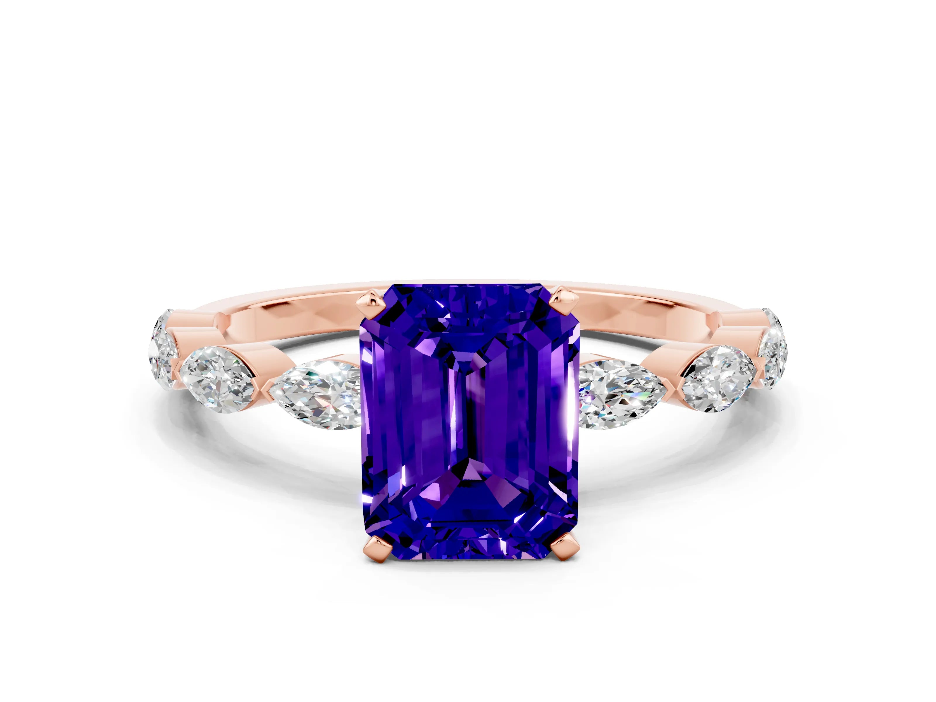 Rose gold Emerald Cut Tanzanite Ring with Marquise Side Stones and Prong Setting