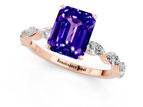 Rose gold Emerald Cut Tanzanite Ring with Marquise Side Stones and Prong Setting_1