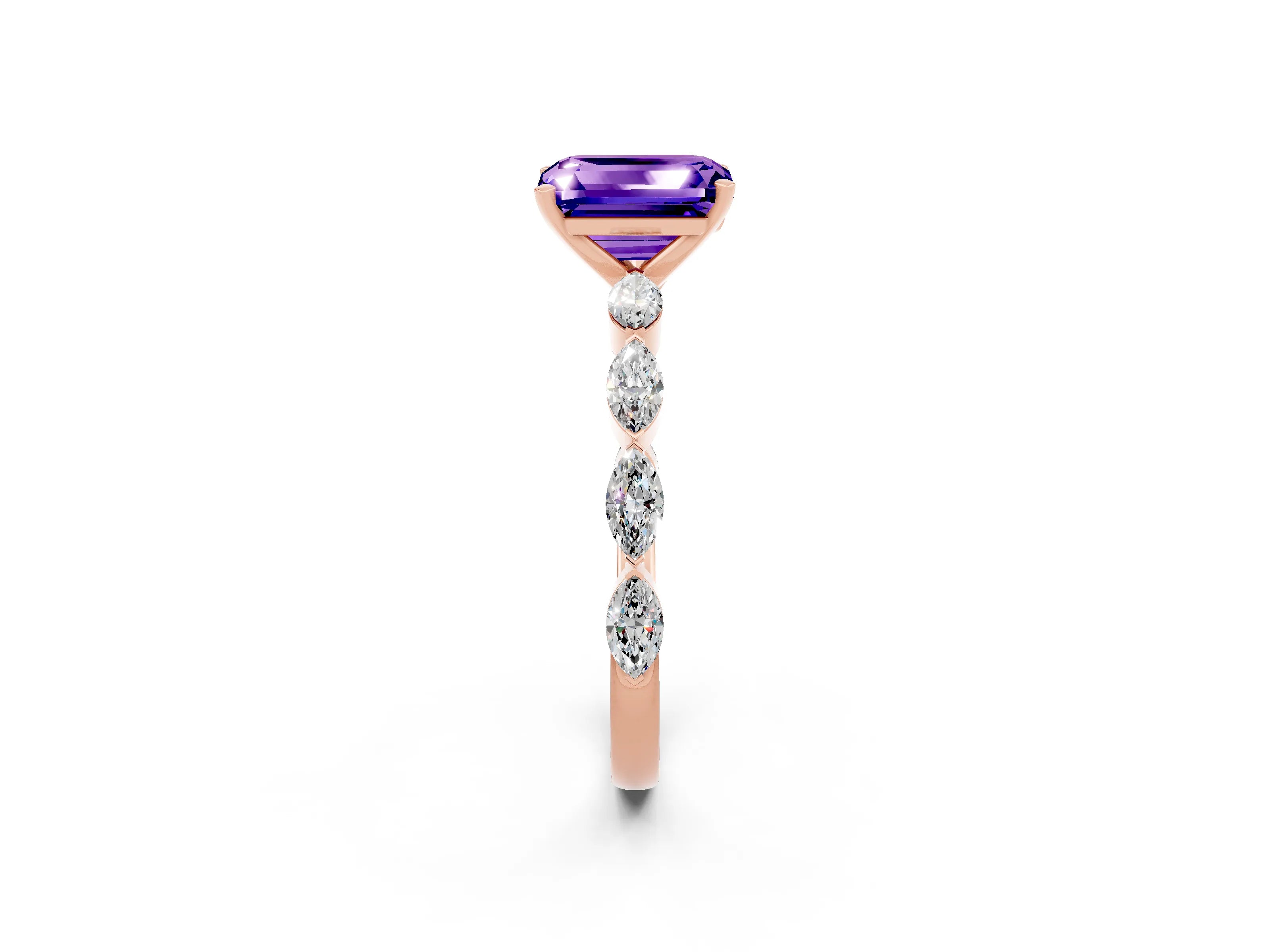 Rose gold Emerald Cut Tanzanite Ring with Marquise Side Stones and Prong Setting_2