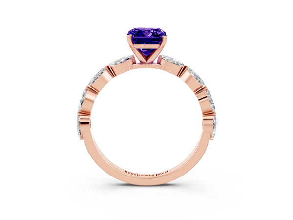 Rose gold Emerald Cut Tanzanite Ring with Marquise Side Stones and Prong Setting