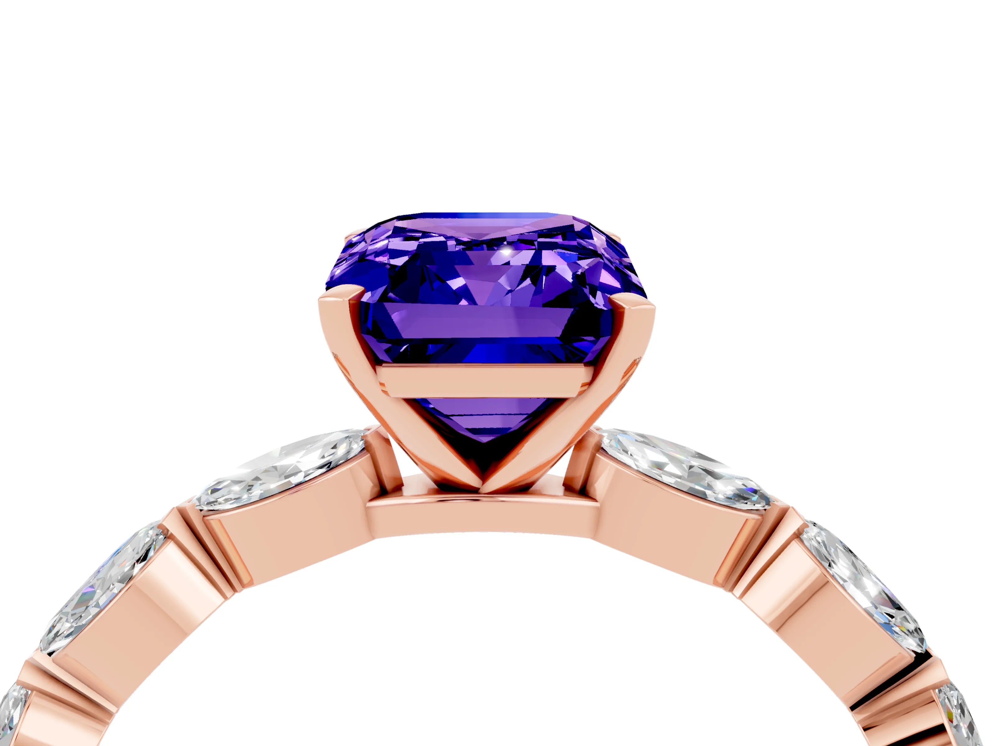 Rose gold Emerald Cut Tanzanite Ring with Marquise Side Stones and Prong Setting_4