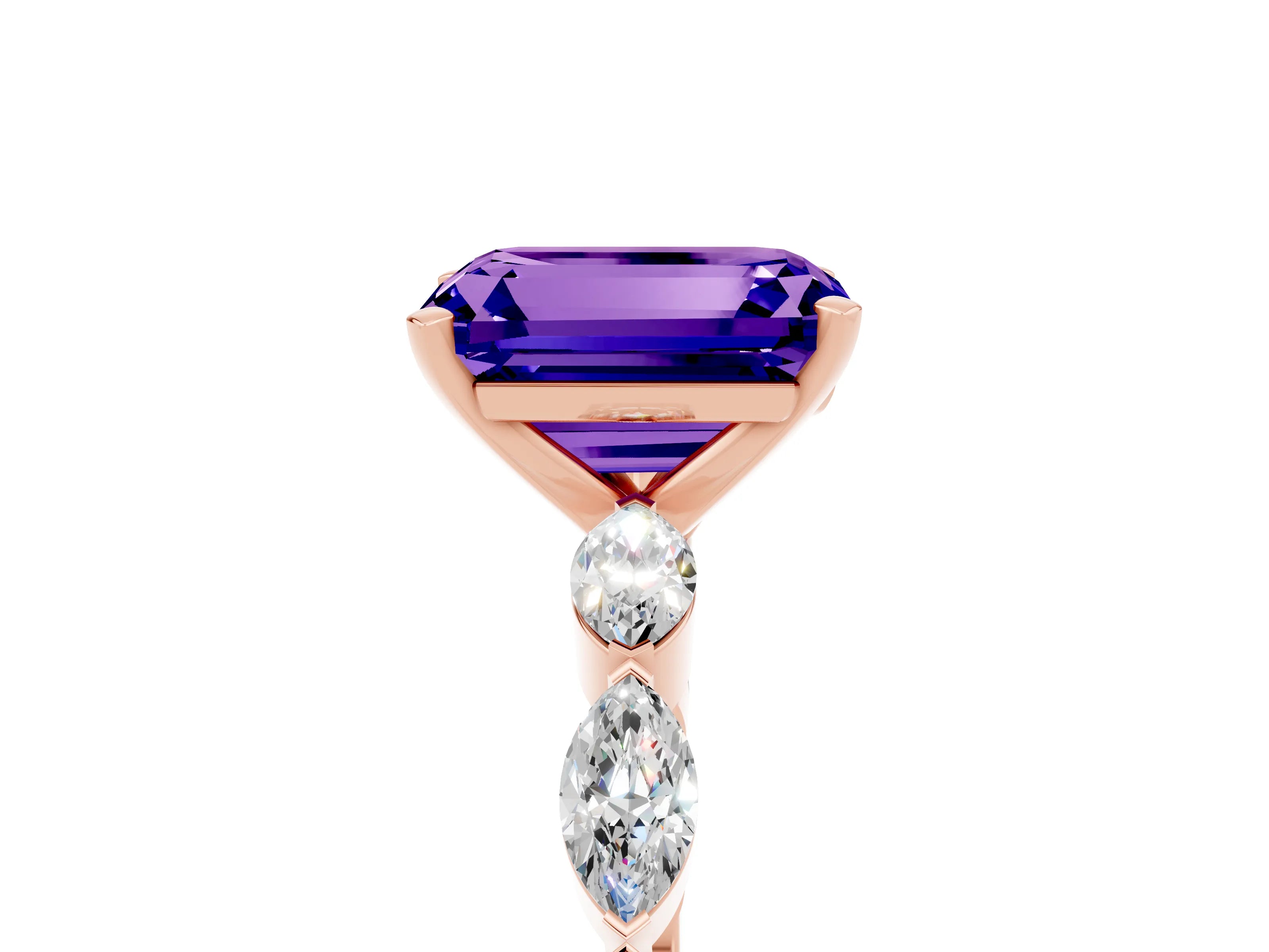 Rose gold Emerald Cut Tanzanite Ring with Marquise Side Stones and Prong Setting_5
