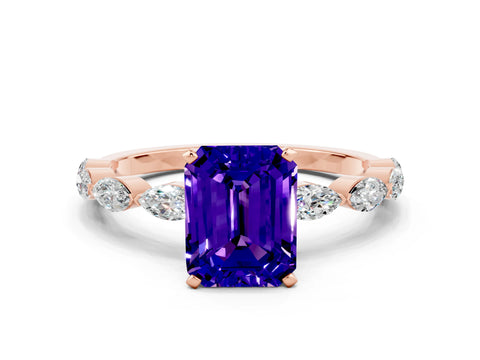 Rose gold Emerald Cut Tanzanite Ring with Marquise Side Stones and Prong Setting