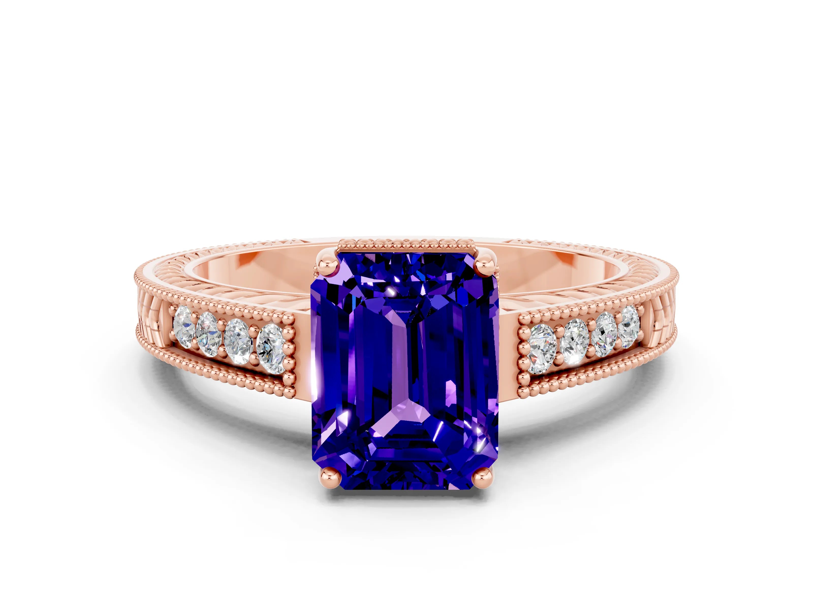 Rose gold Emerald Cut Tanzanite Ring with Milgrain Pavé Band and Four-Prong Setting_12