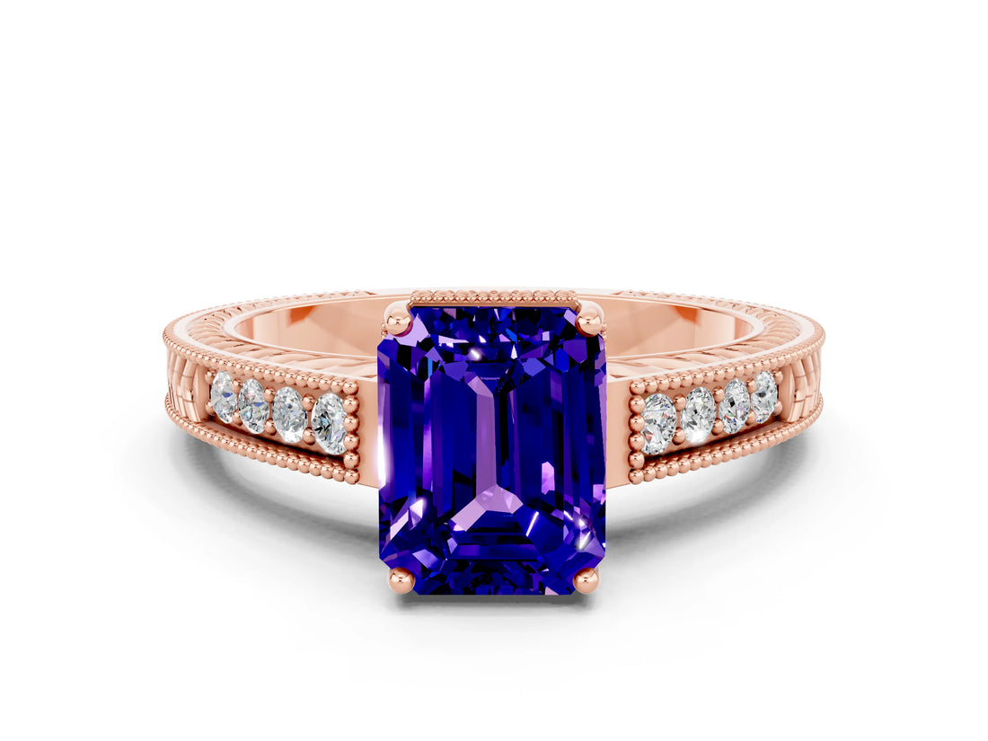 Rose gold Emerald Cut Tanzanite Ring with Milgrain Pavé Band and Four-Prong Setting_12