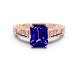 Rose gold Emerald Cut Tanzanite Ring with Milgrain Pavé Band and Four-Prong Setting_12