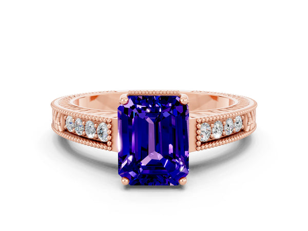 Rose gold Emerald Cut Tanzanite Ring with Milgrain Pavé Band and Four-Prong Setting