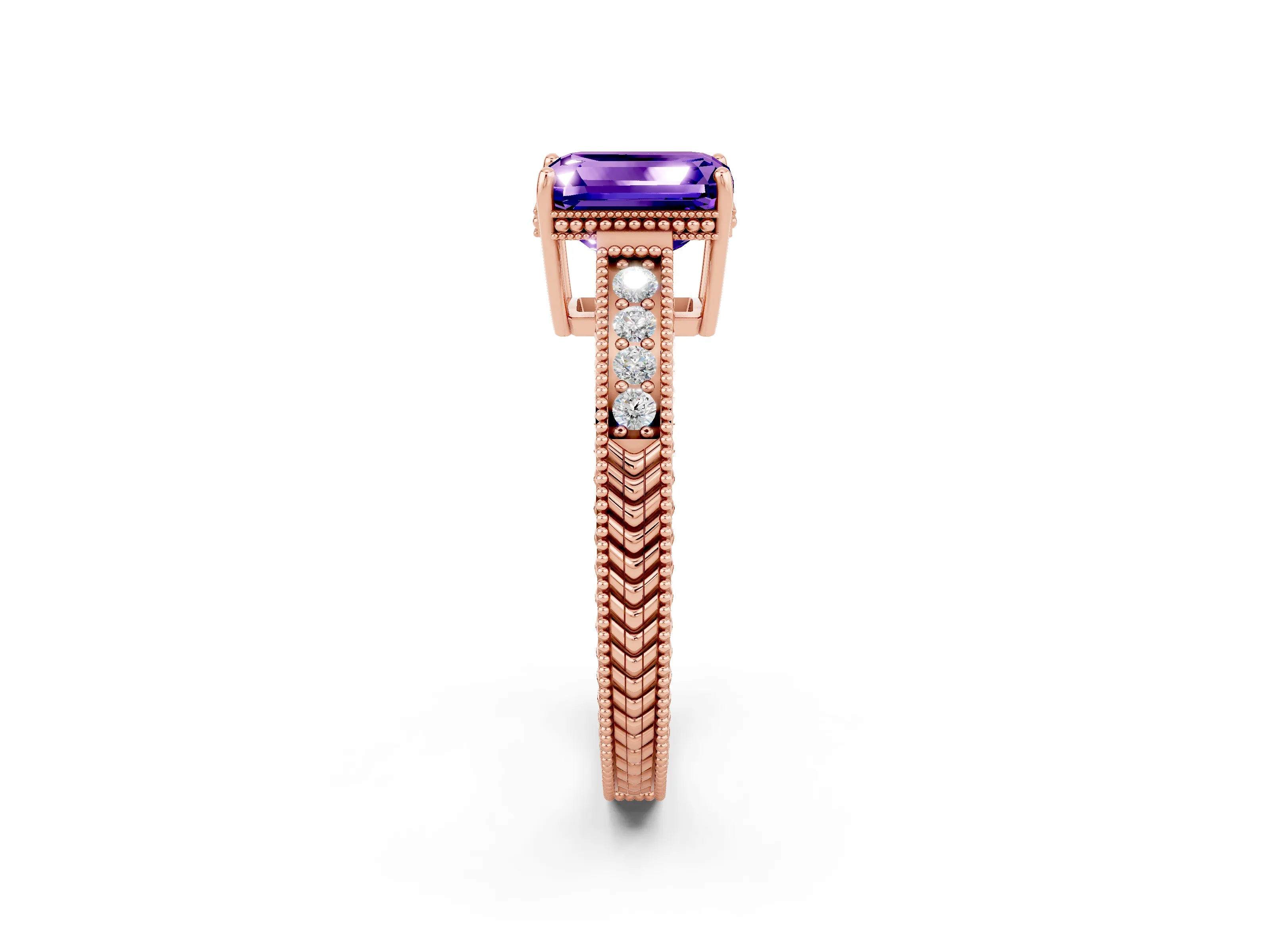 Rose gold Emerald Cut Tanzanite Ring with Milgrain Pavé Band and Four-Prong Setting_14